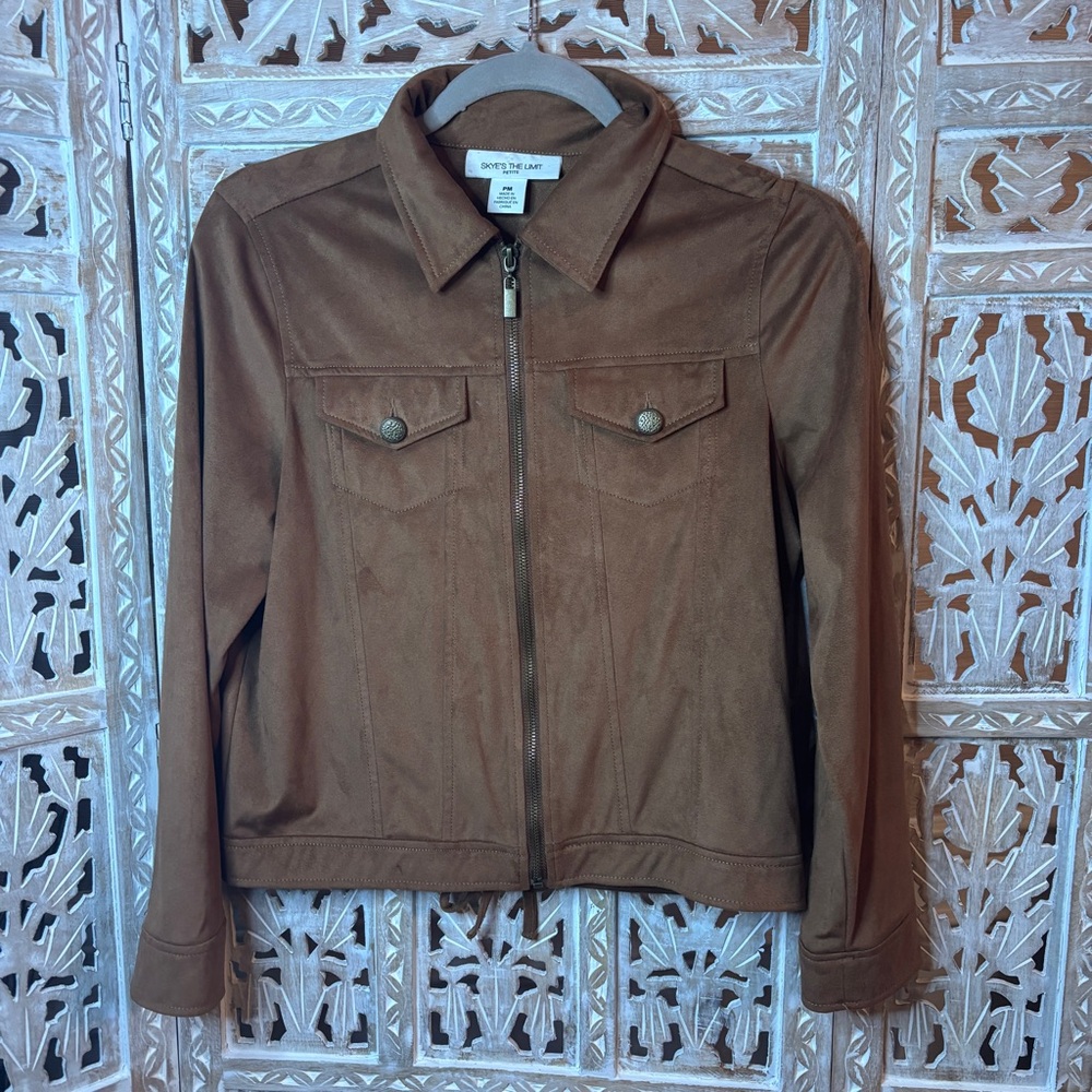 Womens Skye's the Limit Lightweight Brown Faux Suede Back Tie Full Zip Jacket